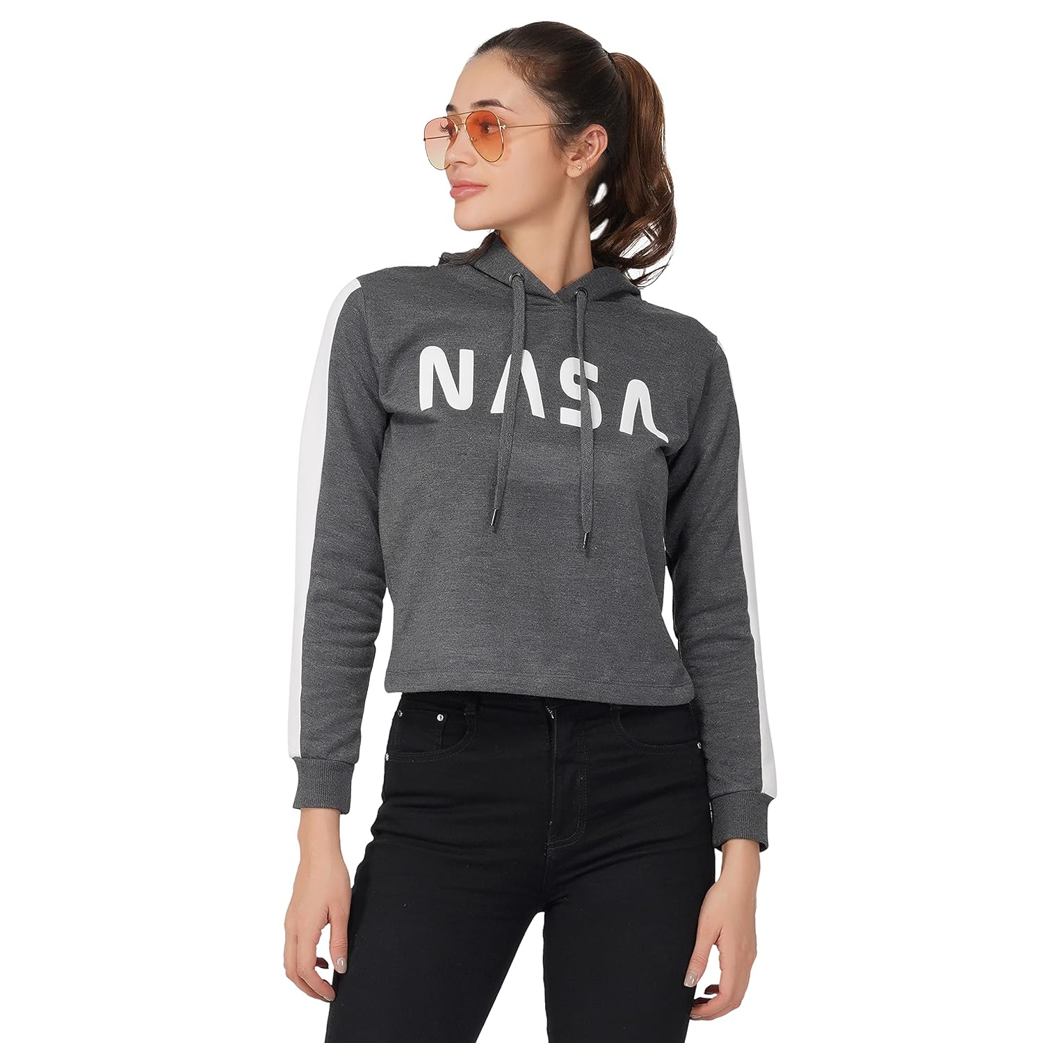 Imperative Women's Cotton Blend Grey Printed Hooded Sweatshirt Size-M by Prixsa.com