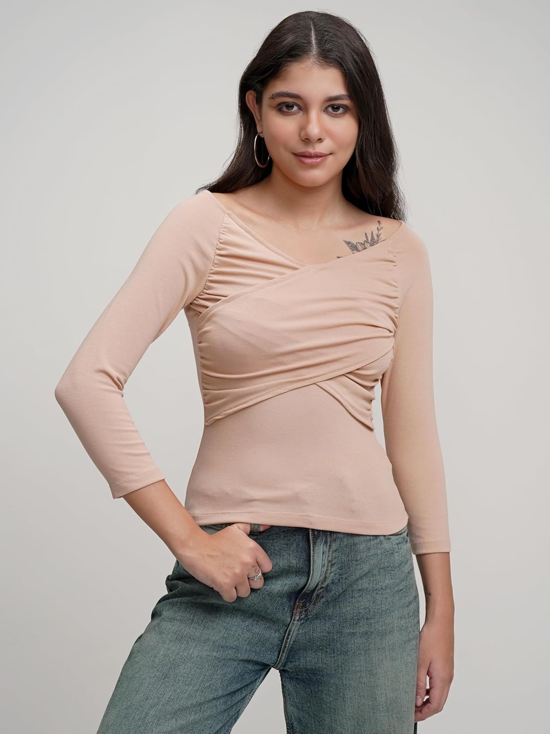 Tokyo Talkies Women's Round Neck Full Sleeve Regular Top with Wrap Gather | Stylish & Comfortable | Perfect for Casual & Day Outings | Tops for Woman | Women Tops | Stylish Top by Prixsa.com - Image 5