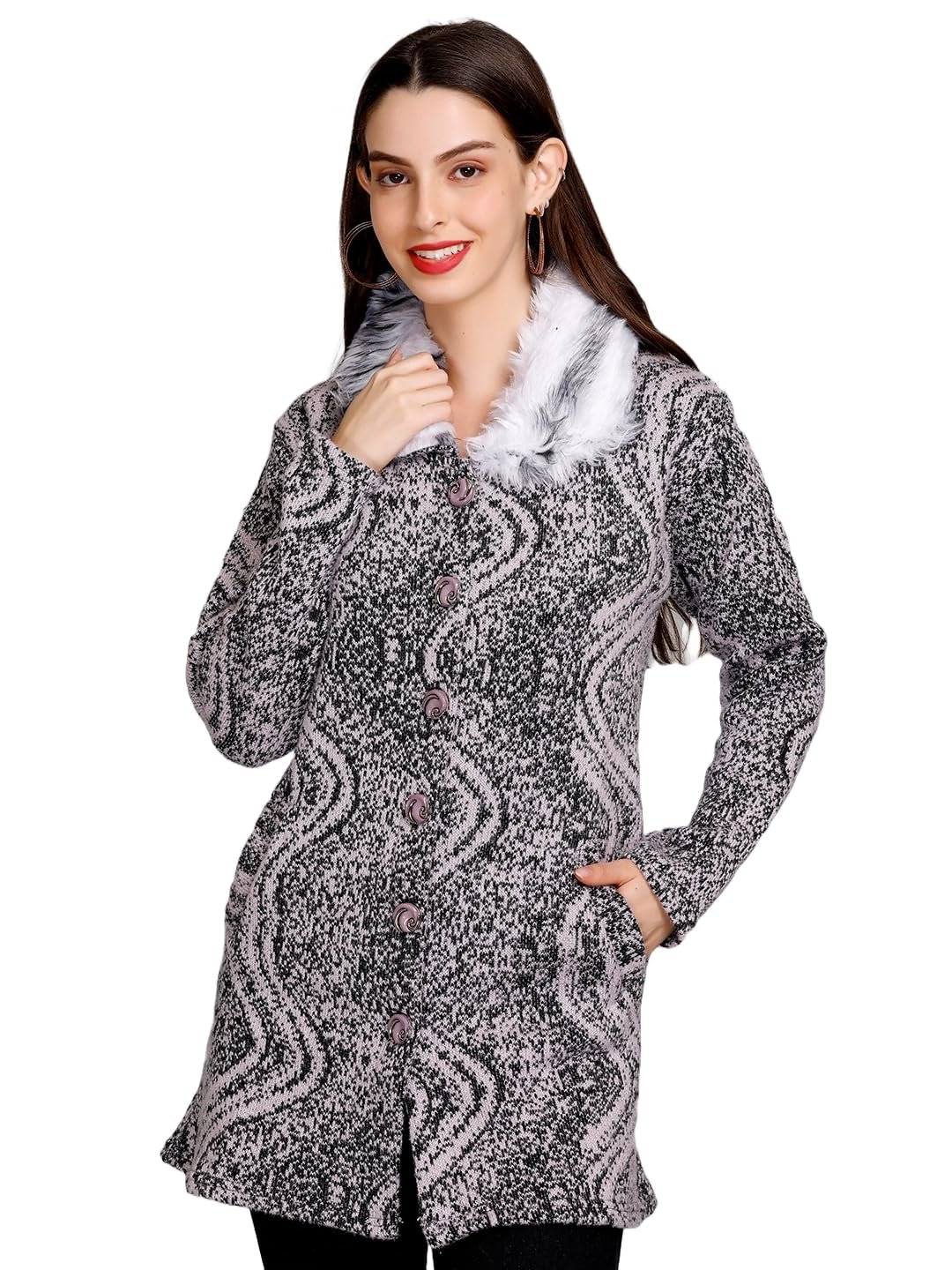 eWools Women's winterwear Woolen Fur Collar Cardigan Sweater by Prixsa.com