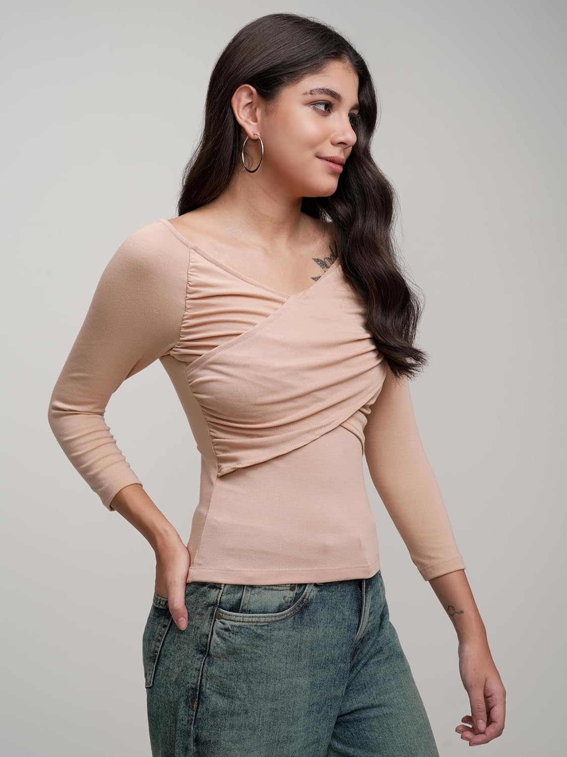 Tokyo Talkies Women's Round Neck Full Sleeve Regular Top with Wrap Gather | Stylish & Comfortable | Perfect for Casual & Day Outings | Tops for Woman | Women Tops | Stylish Top by Prixsa.com - Image 4