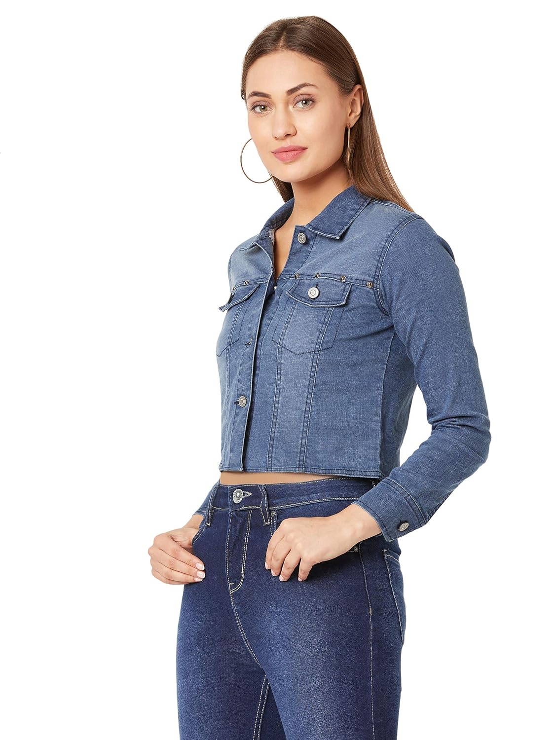 Miss Chase Women's Navy Blue Crop Denim Jacket by Prixsa.com - Image 3