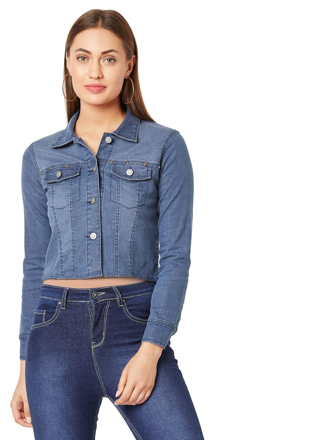 Miss Chase Women's Navy Blue Crop Denim Jacket by Prixsa.com