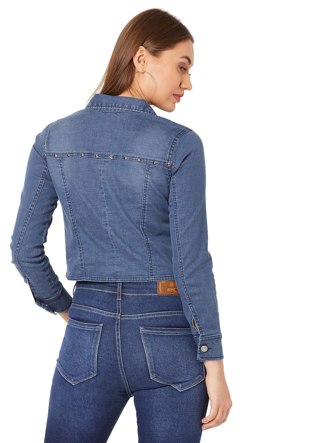 Miss Chase Women's Navy Blue Crop Denim Jacket by Prixsa.com - Image 4