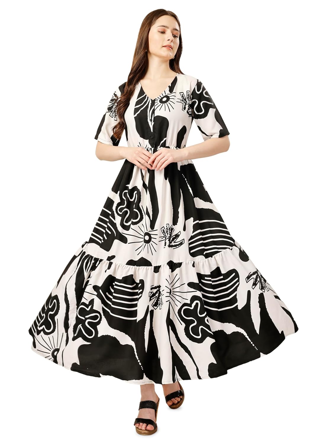 Fashfun Women's Printed Tiered Dress with V-Neck by Prixsa.com