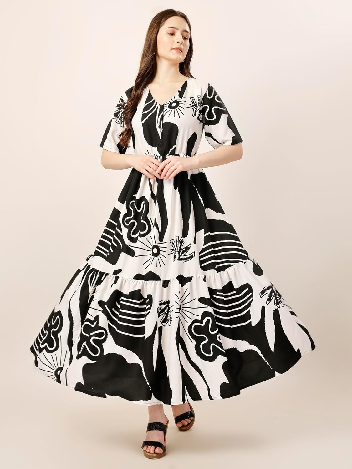 Fashfun Women's Printed Tiered Dress with V-Neck by Prixsa.com - Image 2