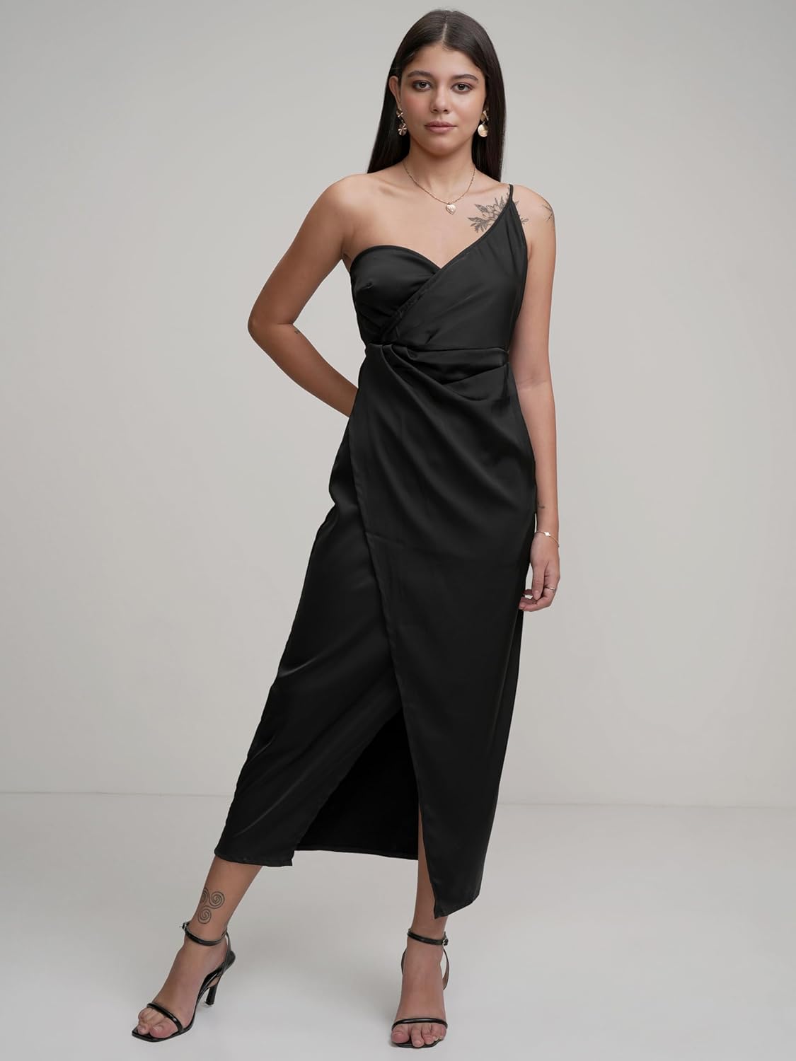 Tokyo Talkies Womens Chic One-Shoulder Wrap Dress with Strap Detail– Effortlessly Elegant Midi for Any Occasion| Stylish by Prixsa.com - Image 5