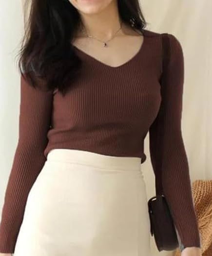 Casual Full Sleeve V Neck Ribbed Top for Girls – Comfortable Lycra Knitted Top by Prixsa.com - Image 2