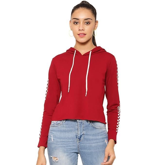 Jembuying Women's Cropped Hooded Sweatshirt with Checkered Sleeve Design, Red by Prixsa.com