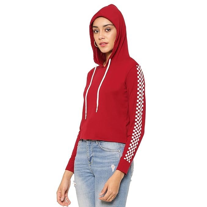 Jembuying Women's Cropped Hooded Sweatshirt with Checkered Sleeve Design, Red by Prixsa.com - Image 3