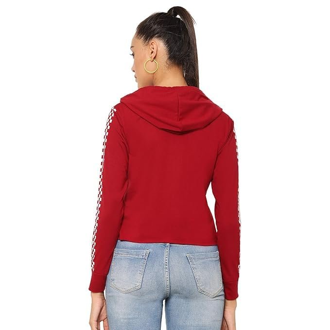 Jembuying Women's Cropped Hooded Sweatshirt with Checkered Sleeve Design, Red by Prixsa.com - Image 2