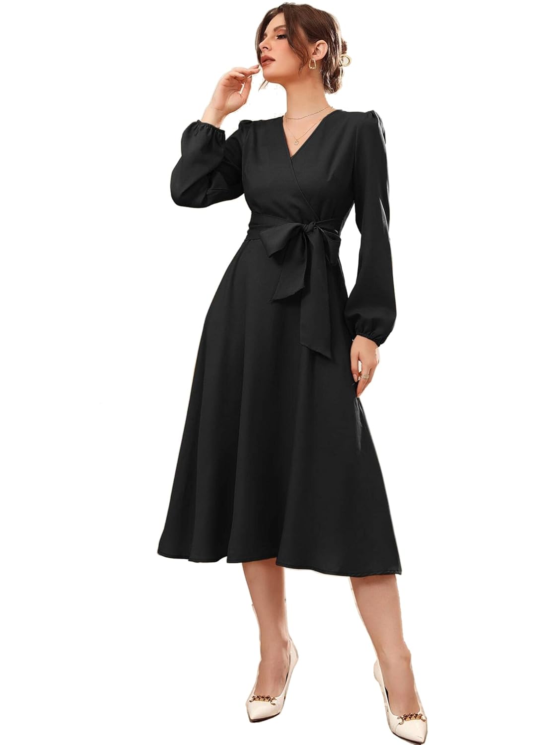 Vivvli Women's Polyester A-line V-Neck Bishop Sleeve Midi Belted Dress by Prixsa.com