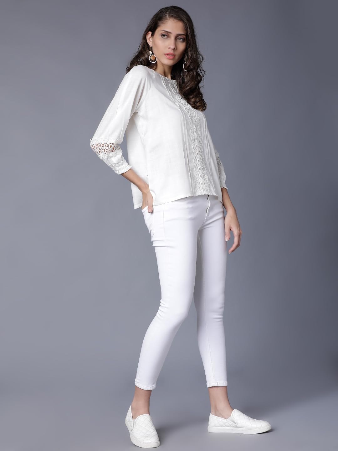 Tokyo Talkies Women's Three-Quarter Sleeves Round Neck Self Design Tops| Stylish Casual wear by Prixsa.com - Image 2