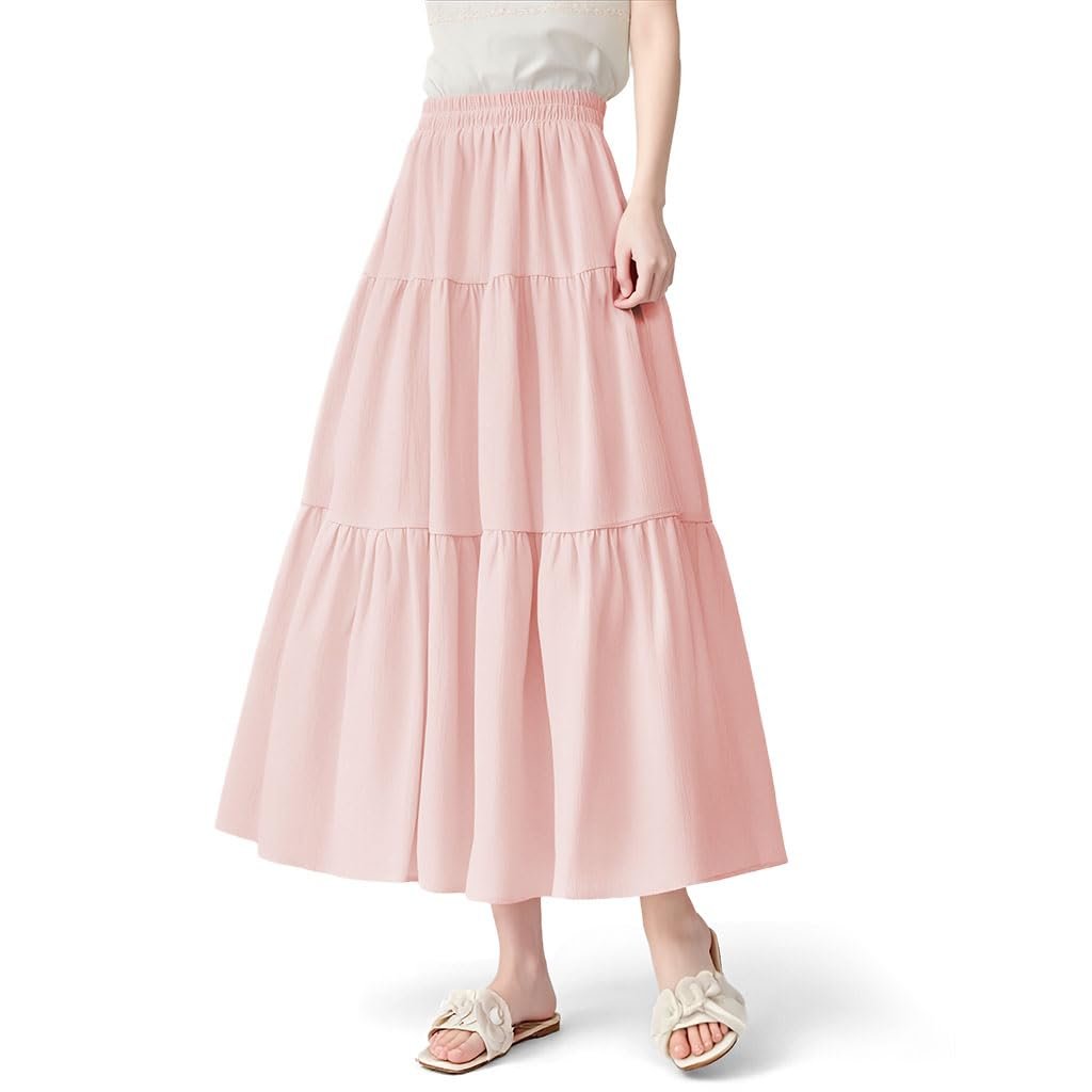 SANNIDHI® Womens Summer Boho Maxi Skirts Smocked Elastic High Waist Pleated A-Line Flowy Ruffle Swing Tiered Long Beach Skirt Dress Long Beach Skirt by Prixsa.com