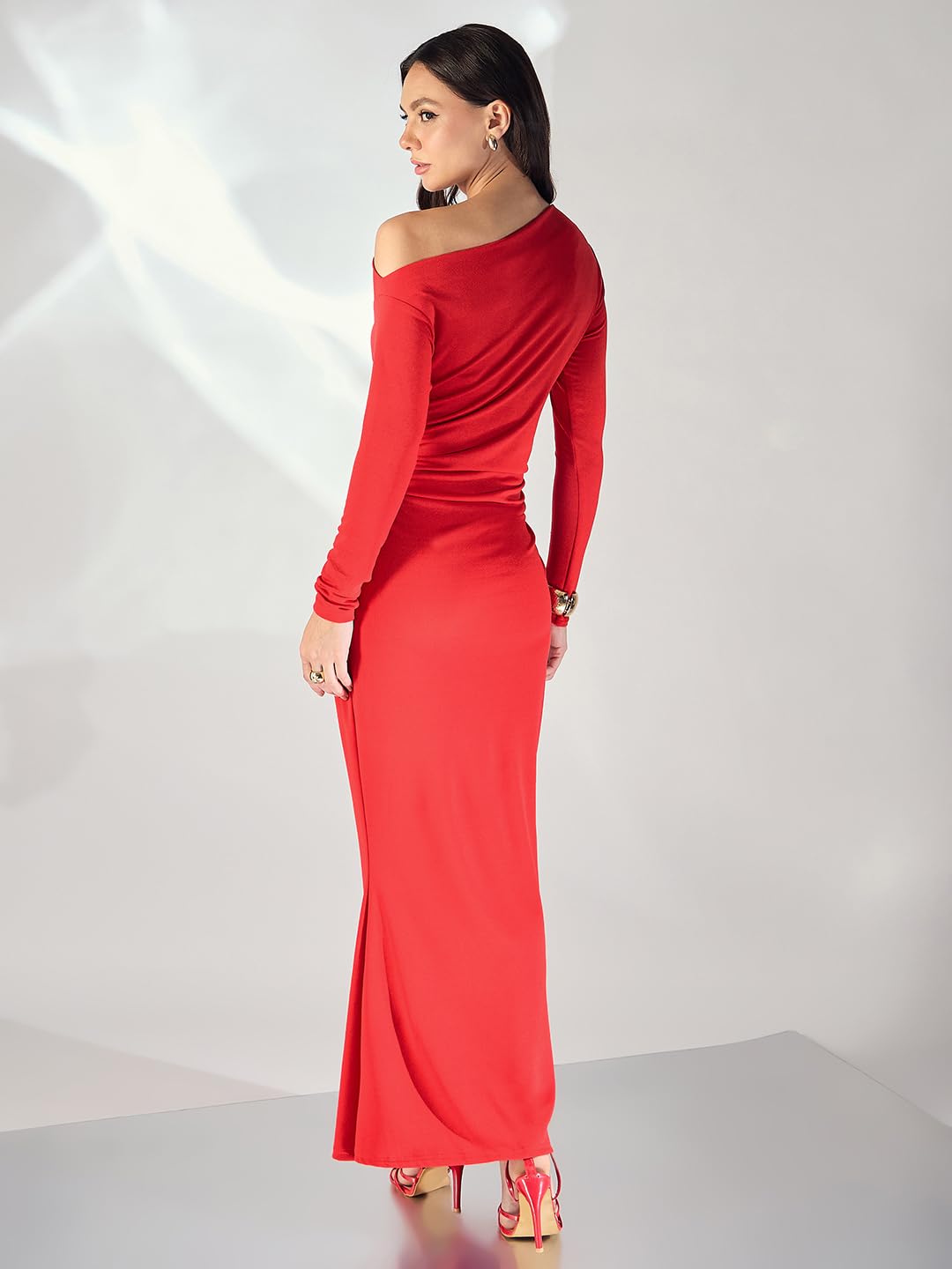 Uptownie Lite Asymmetrical Neck Ruched Stretchable Maxi Dress by Prixsa.com - Image 5