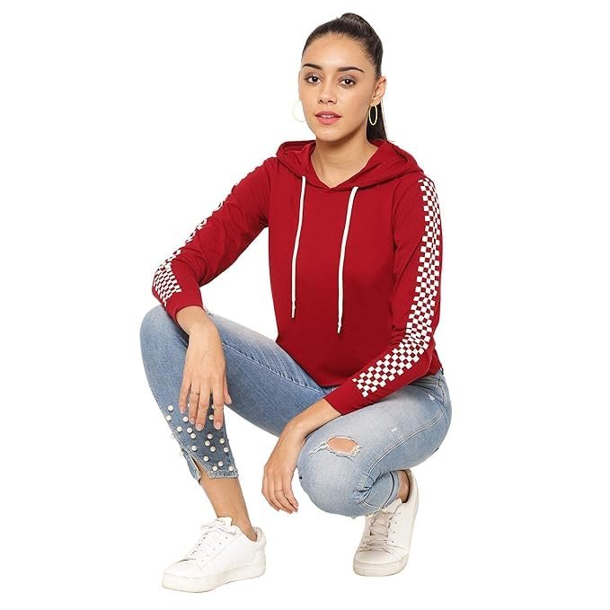 Jembuying Women's Cropped Hooded Sweatshirt with Checkered Sleeve Design, Red by Prixsa.com - Image 5