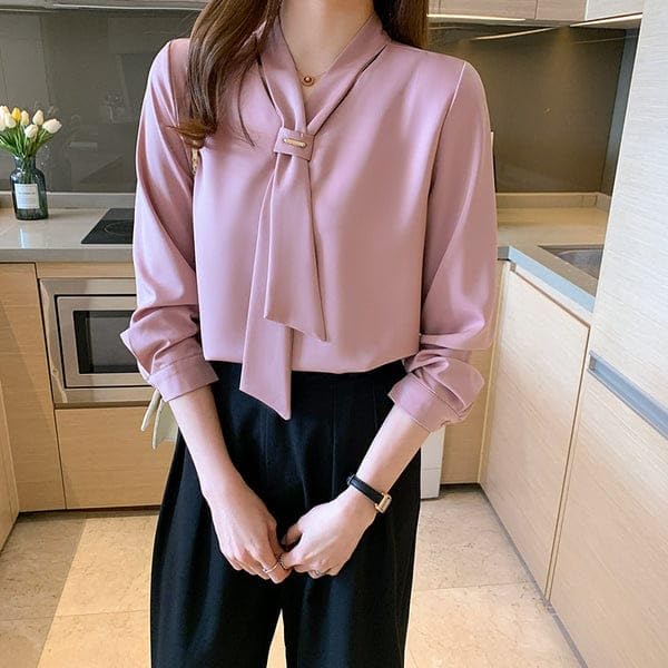 PINKHUB Elegant Women's Tie Neck Summer Long Sleeve V-Neck Chiffon Korean Style Plain Business Work Shirts Blouse Top by Prixsa.com - Image 6