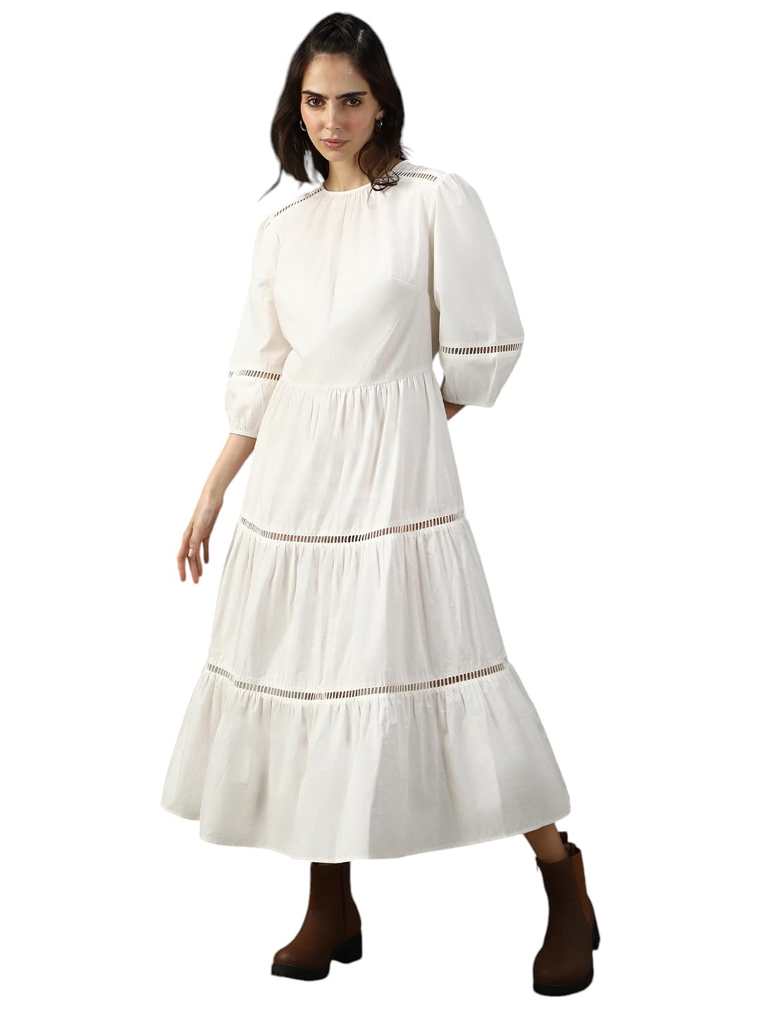 High Star Women Solid Cotton Flared Fit Round Neck Short Sleeve Dresses by Prixsa.com