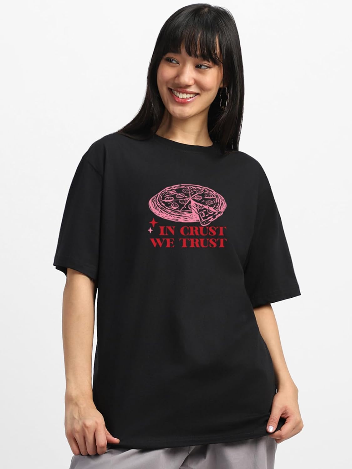 JUNEBERRY® 100% Pure Cotton Oversized Baggy Fit Front & Back Slice Society Graphic Printed Black & White Round Neck T-Shirt for Women & Girls (Sizes: S to 2XL) by Prixsa.com - Image 3