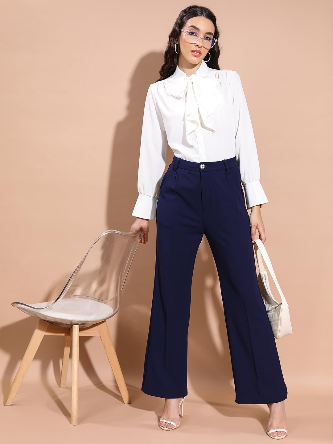 Tokyo Talkies Women's Straight Fit Wide Leg Trousers | Stretchable Trousers | Casual Trousers| Mid-Rise by Prixsa.com - Image 2