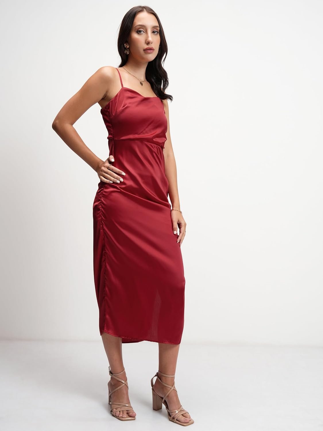 Tokyo Talkies Women's Elegant Shoulder Strap Ruched Sheath Dress | Flattering Short Silhouette for a Chic Look by Prixsa.com - Image 4