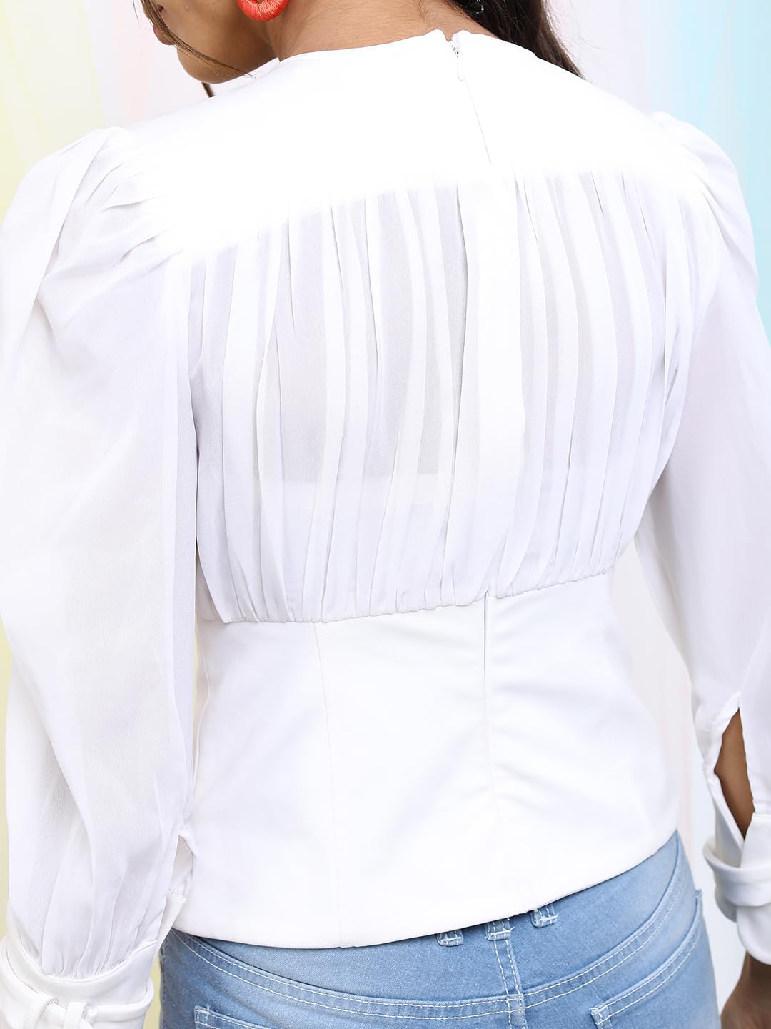 Tokyo Talkies Women's Solid Cinched Waist Crop Top | 3/4 Sleeves | Flattering & Chic | Perfect For Casual & Smart-Casual Outings | Tops For Woman | Women Tops | Women Crop Top by Prixsa.com - Image 5