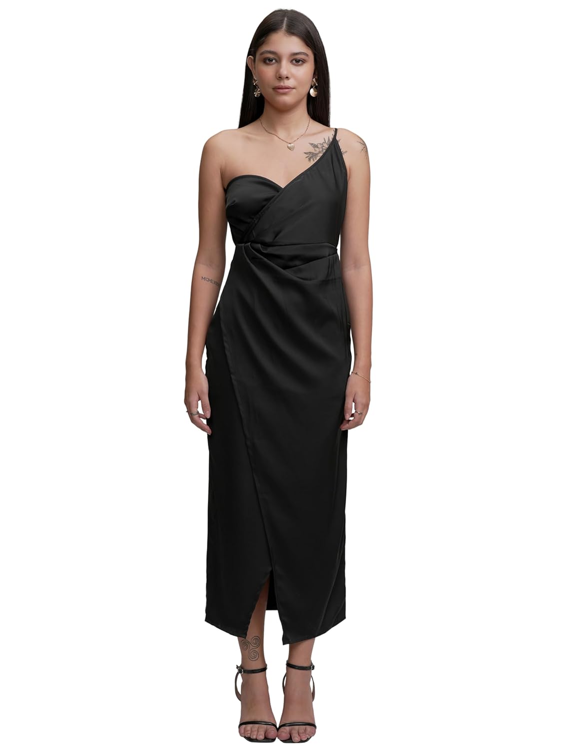 Tokyo Talkies Womens Chic One-Shoulder Wrap Dress with Strap Detail– Effortlessly Elegant Midi for Any Occasion| Stylish by Prixsa.com