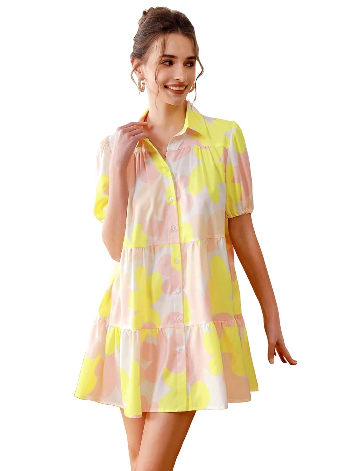 Shasmi Women's Green Flower Print Short Sleeve Button Front All-Over Printed Dresses, Ruffle Hem Smock Dress for Woman (161 Dress) by Prixsa.com