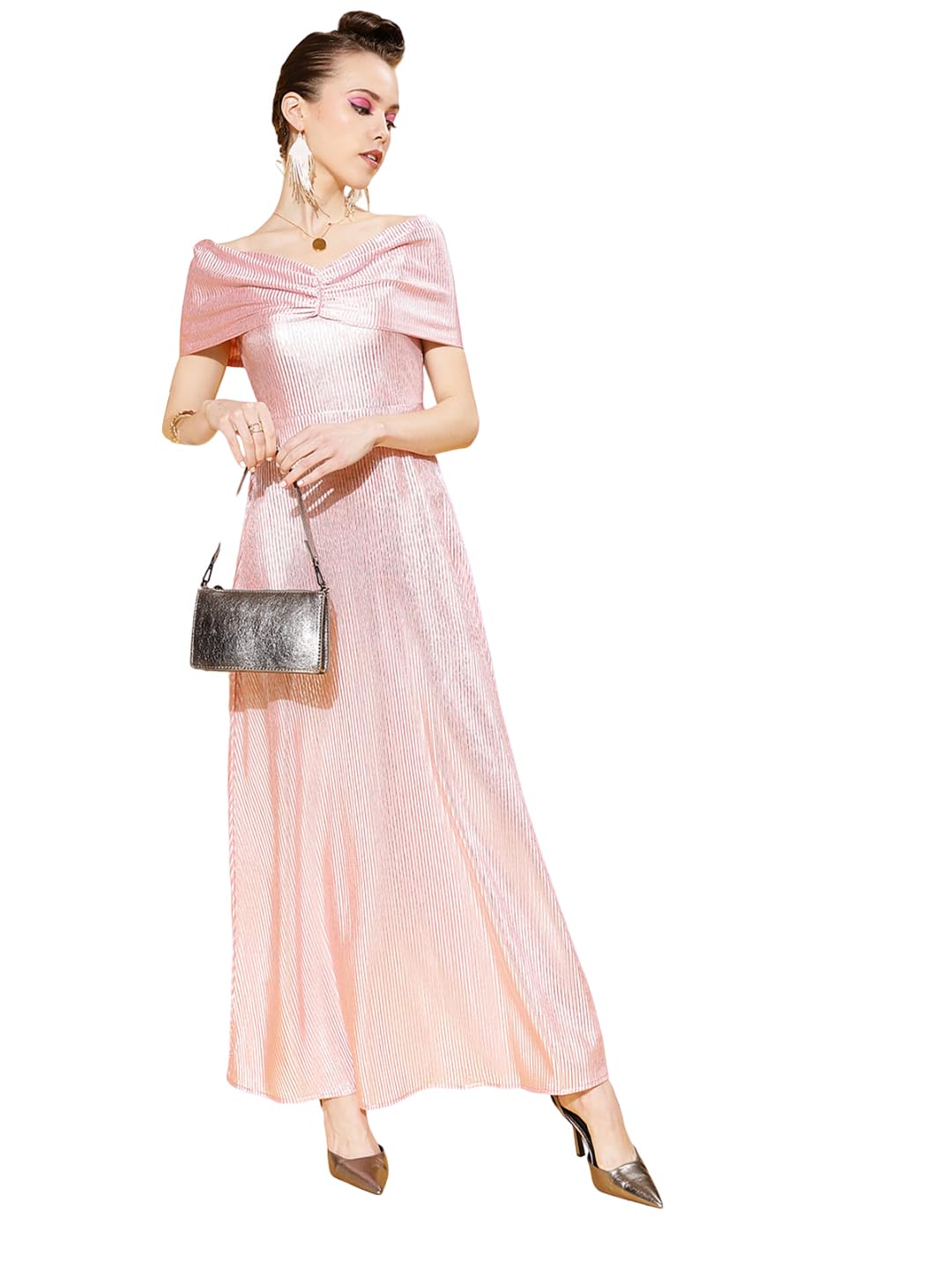 PoshBery Pink Pleated Off Shoulder Maxi Dress by Prixsa.com