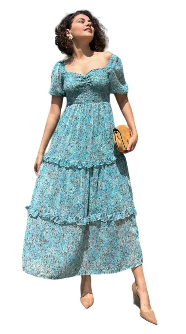 Sheetal Associates Women's Floral Puff Sleeve High Waist A Line Flowy Long Dress by Prixsa.com
