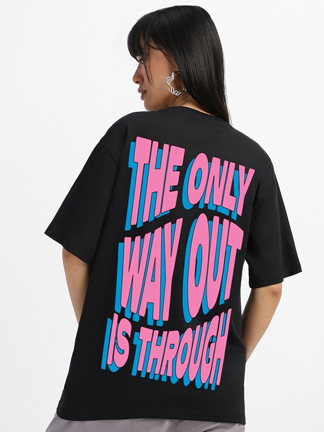 JUNEBERRY® 100% Pure Cotton Oversized Baggy Fit Front & Back The Only Way Out is Through Typographic Printed Black Round Neck T-Shirt for Women & Girls (Sizes: S to 2XL) by Prixsa.com - Image 6