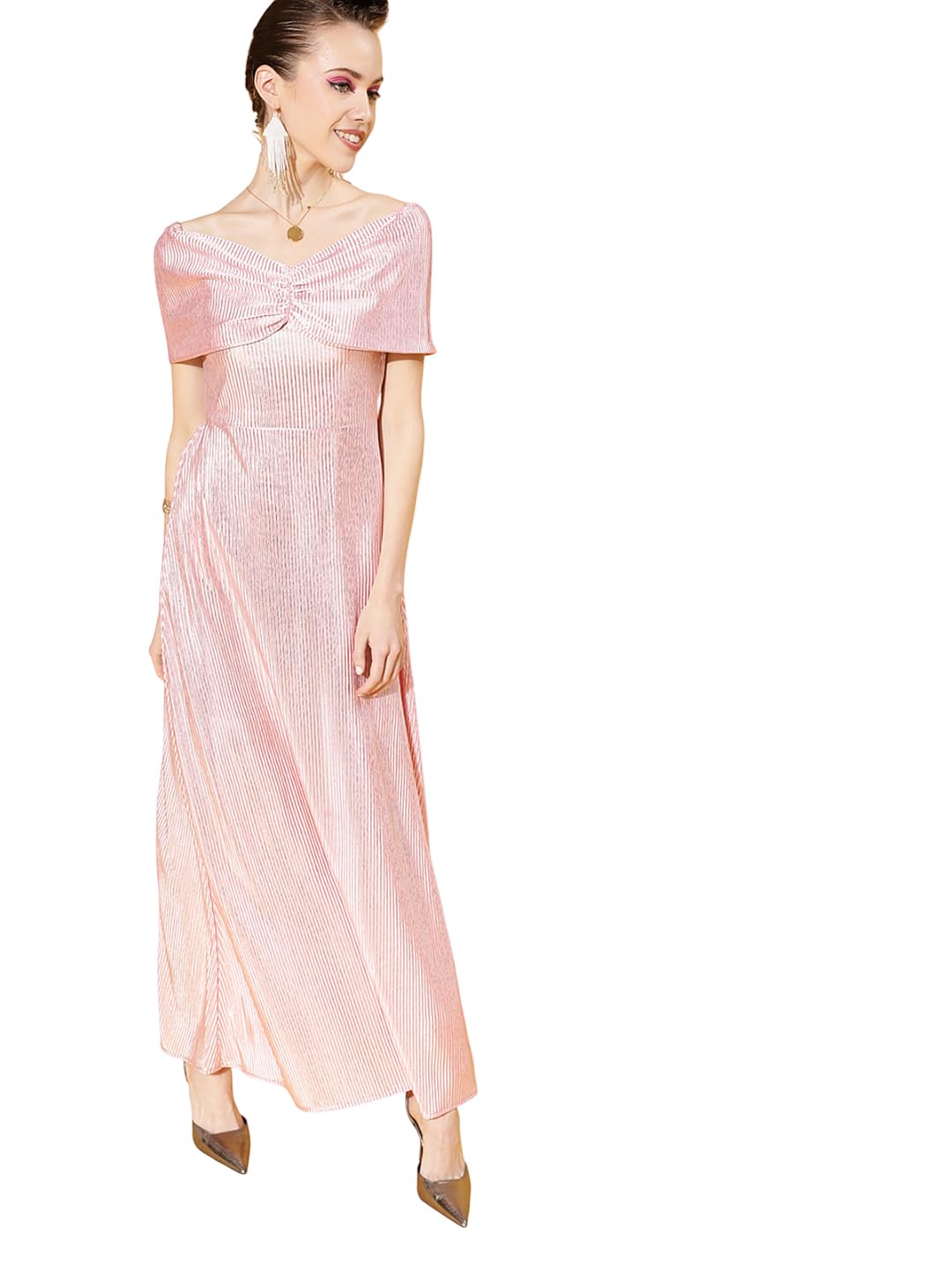 PoshBery Pink Pleated Off Shoulder Maxi Dress by Prixsa.com - Image 3