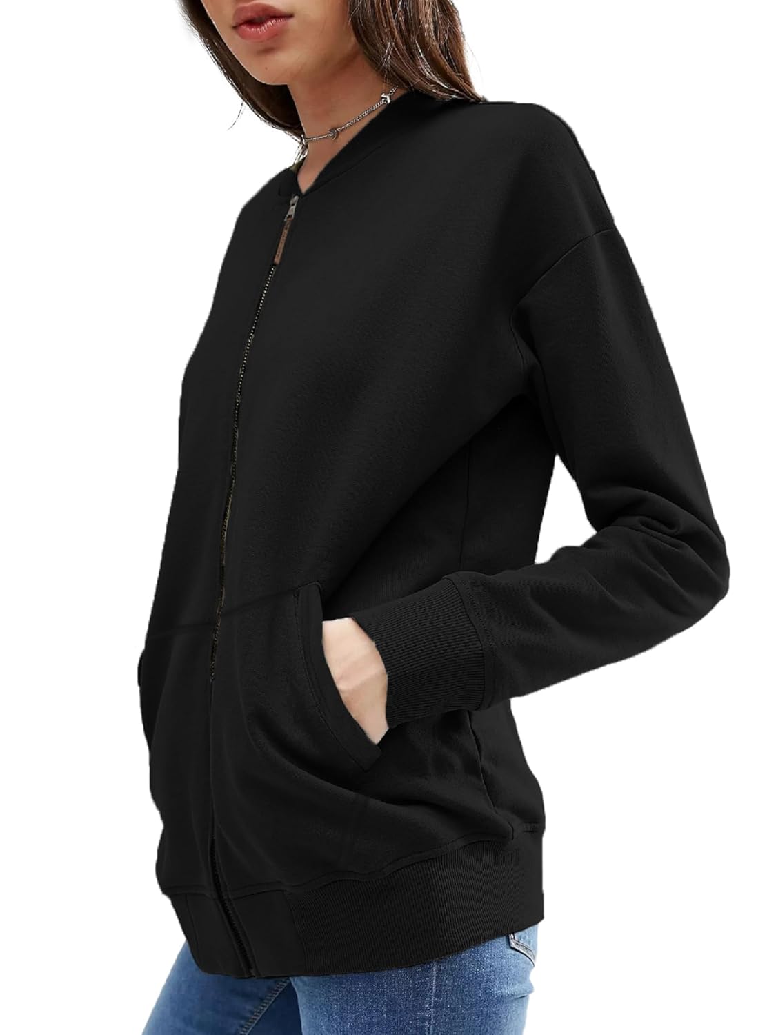 LEOTUDE Full Sleeve Loose Fit Loopknit Standard Length Bomber Jacket For Women (GRL_JKT02_BLK_P_Black_S) by Prixsa.com - Image 3