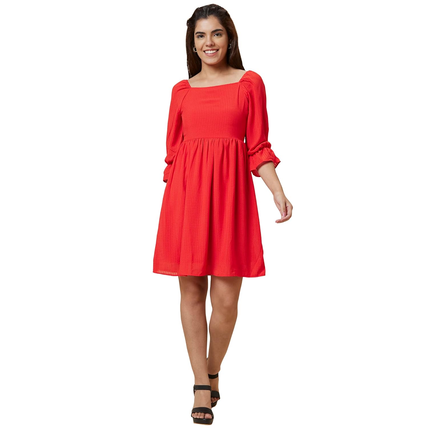 Globus Women Red 3/4 Sleeve Solid Fit & Flare Knee Length Dress by Prixsa.com - Image 2