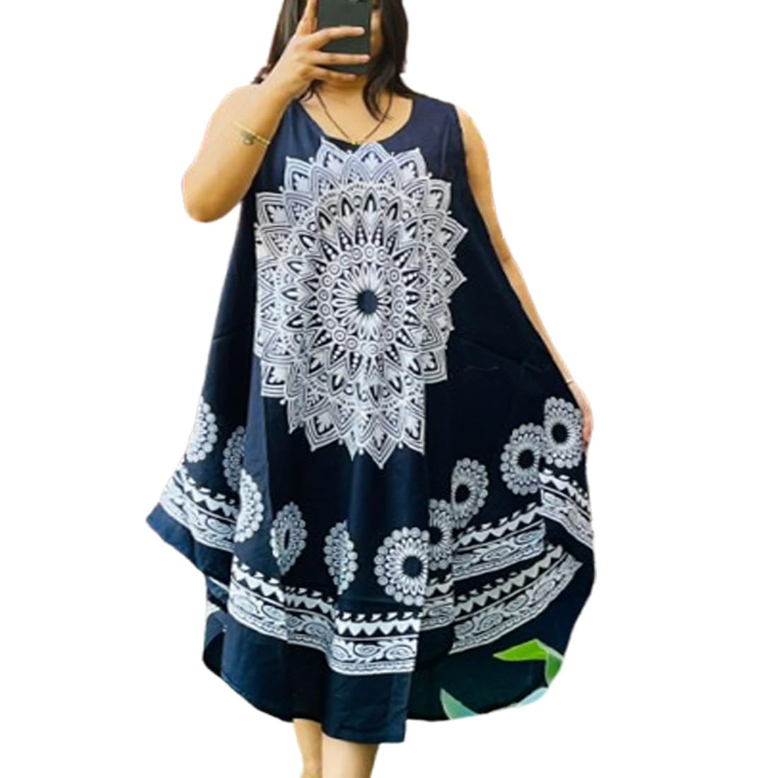 Ukal Women's Boho Mandala Print Sleeveless Sundress, Loose Fit Midi Length Dress by Prixsa.com