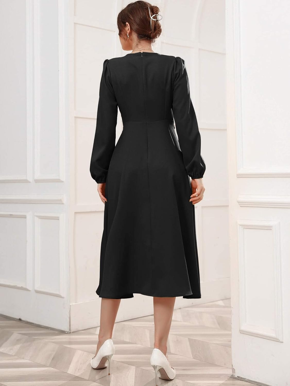 Vivvli Women's Polyester A-line V-Neck Bishop Sleeve Midi Belted Dress by Prixsa.com - Image 5