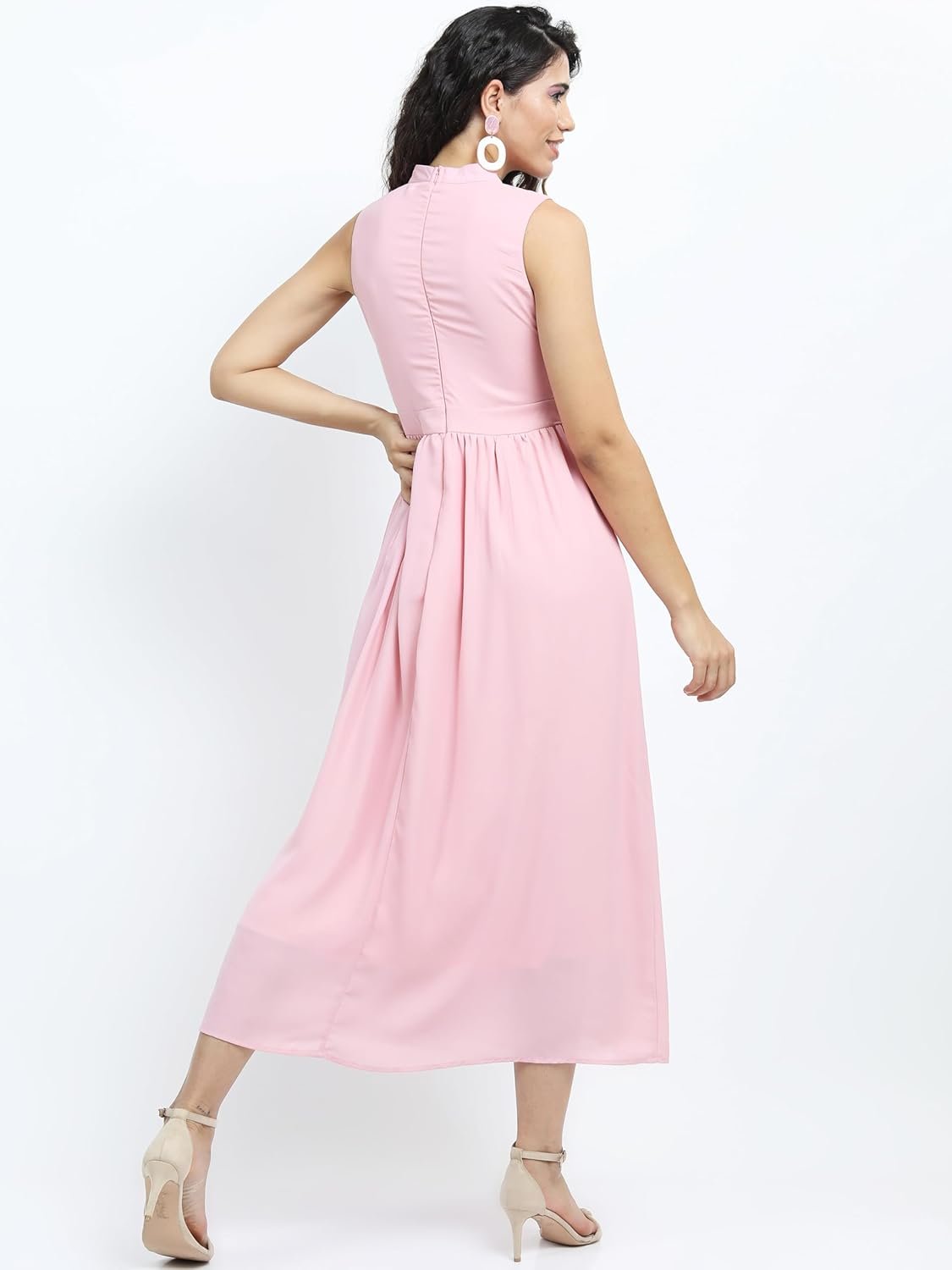Tokyo Talkies Women's Elegant Floral | A-Line Midi Dress | Sweetheart Neck | Short Sleeves |Front Slit & Gathered Detail by Prixsa.com - Image 3