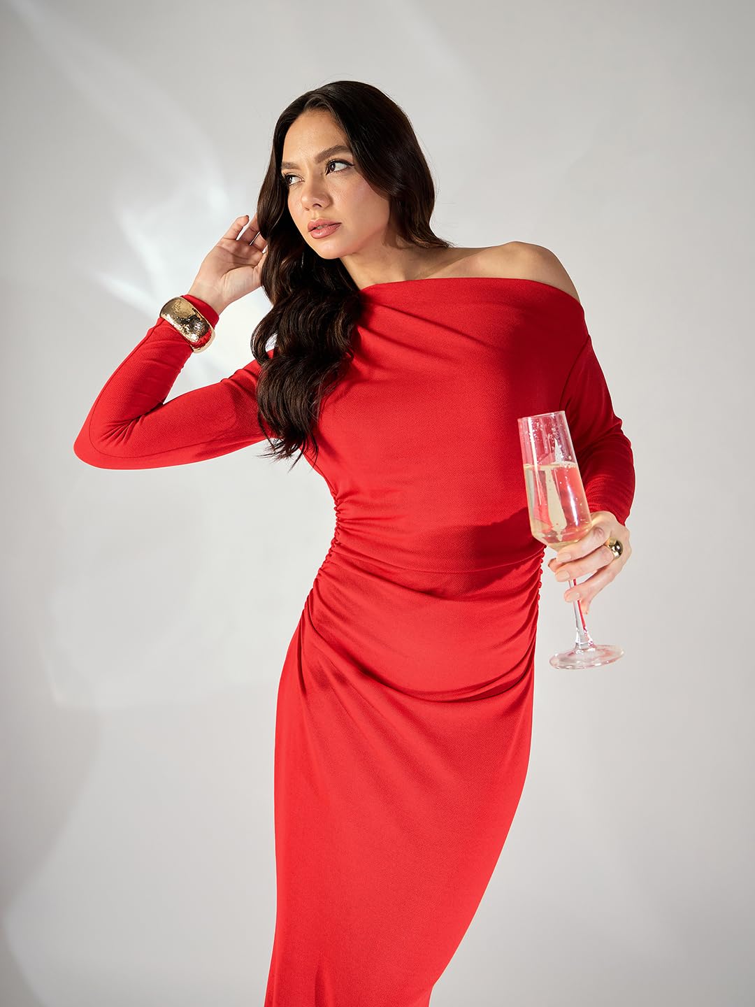 Uptownie Lite Asymmetrical Neck Ruched Stretchable Maxi Dress by Prixsa.com - Image 3