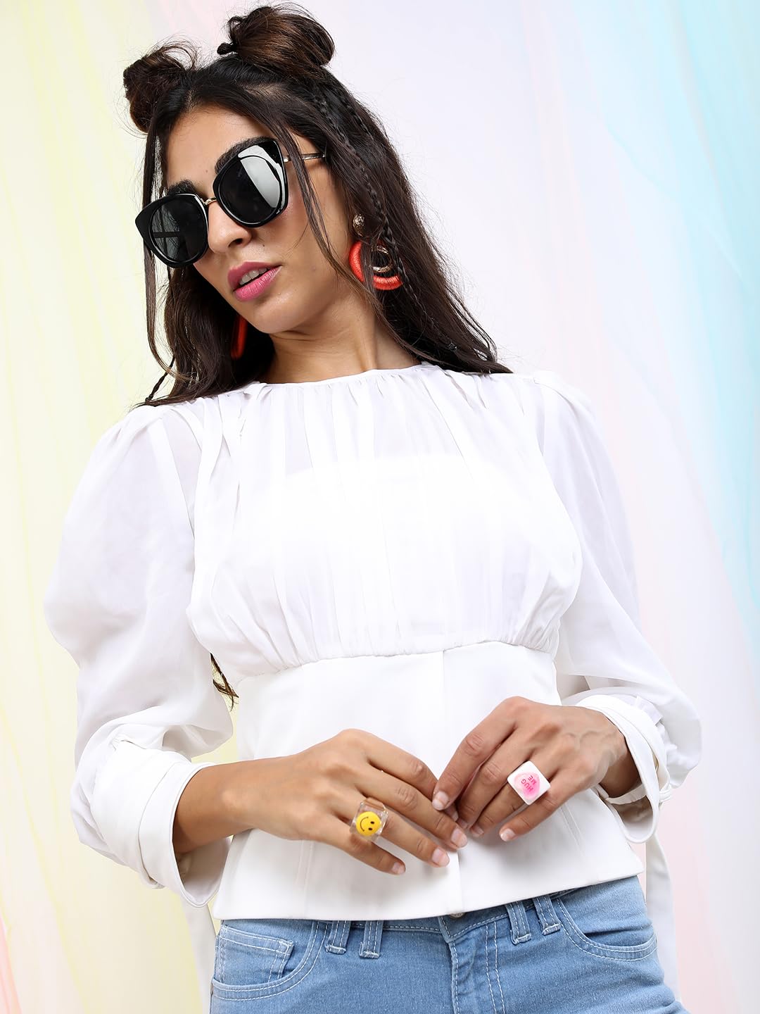 Tokyo Talkies Women's Solid Cinched Waist Crop Top | 3/4 Sleeves | Flattering & Chic | Perfect For Casual & Smart-Casual Outings | Tops For Woman | Women Tops | Women Crop Top by Prixsa.com - Image 6