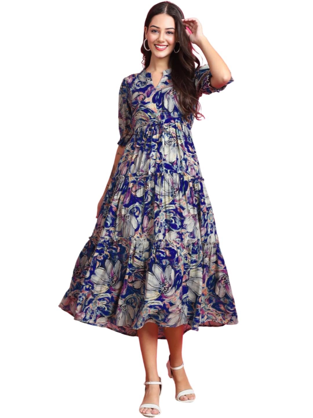 PRESHA Women's Fit and Flare Pure Cotton Long Maxi Dress (SP-22 Blue) by Prixsa.com