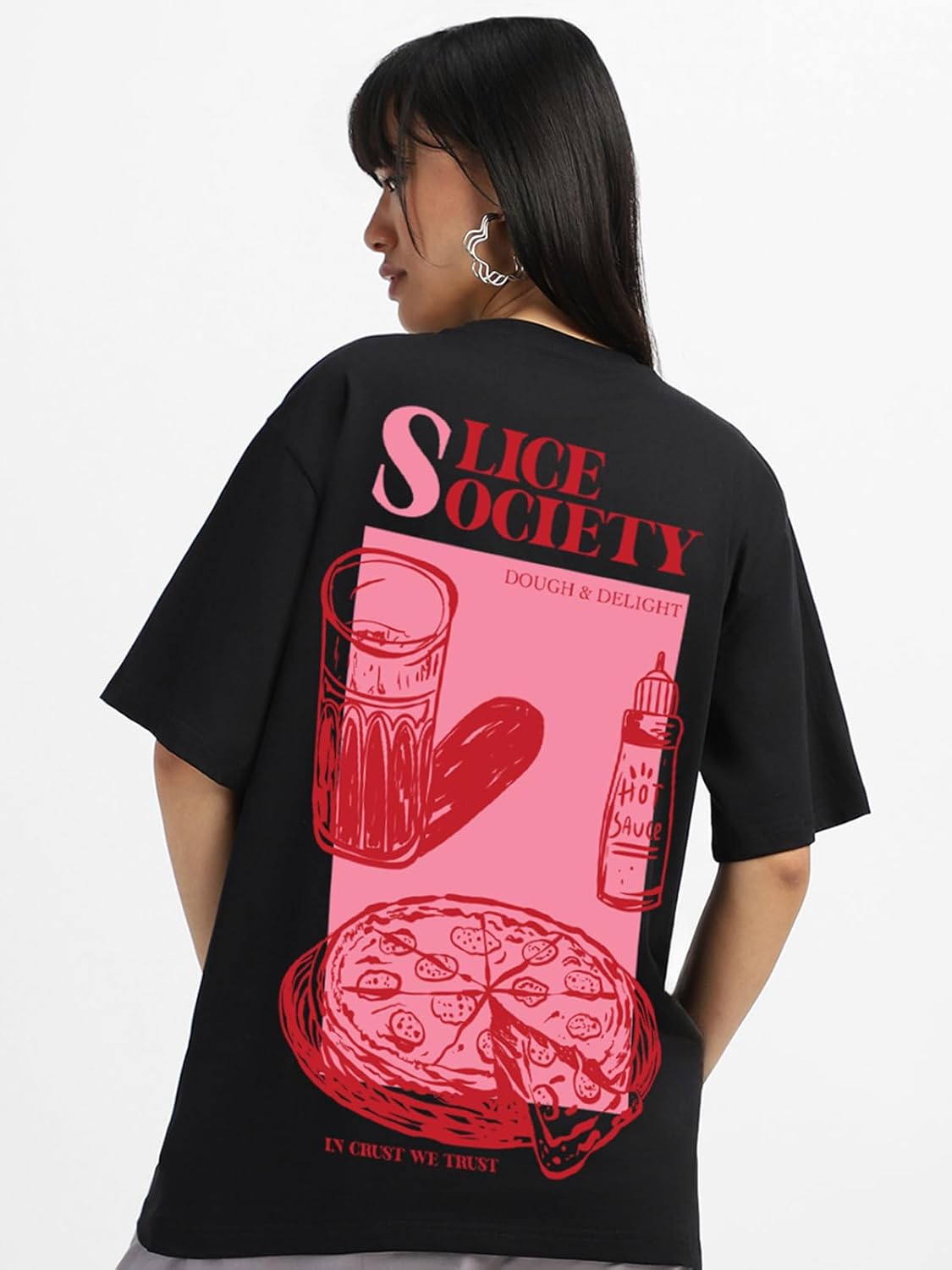 JUNEBERRY® 100% Pure Cotton Oversized Baggy Fit Front & Back Slice Society Graphic Printed Black & White Round Neck T-Shirt for Women & Girls (Sizes: S to 2XL) by Prixsa.com - Image 5