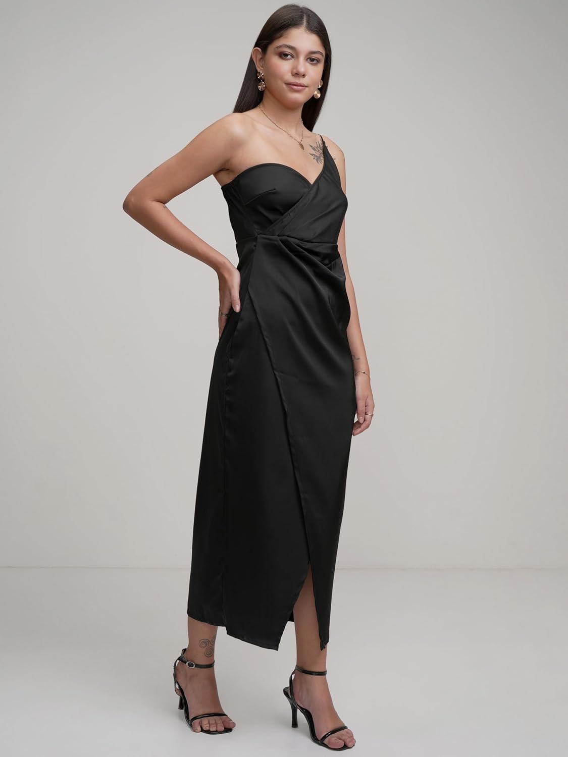Tokyo Talkies Womens Chic One-Shoulder Wrap Dress with Strap Detail– Effortlessly Elegant Midi for Any Occasion| Stylish by Prixsa.com - Image 4