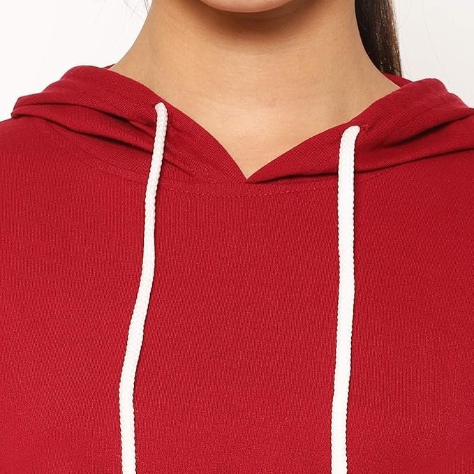Jembuying Women's Cropped Hooded Sweatshirt with Checkered Sleeve Design, Red by Prixsa.com - Image 4