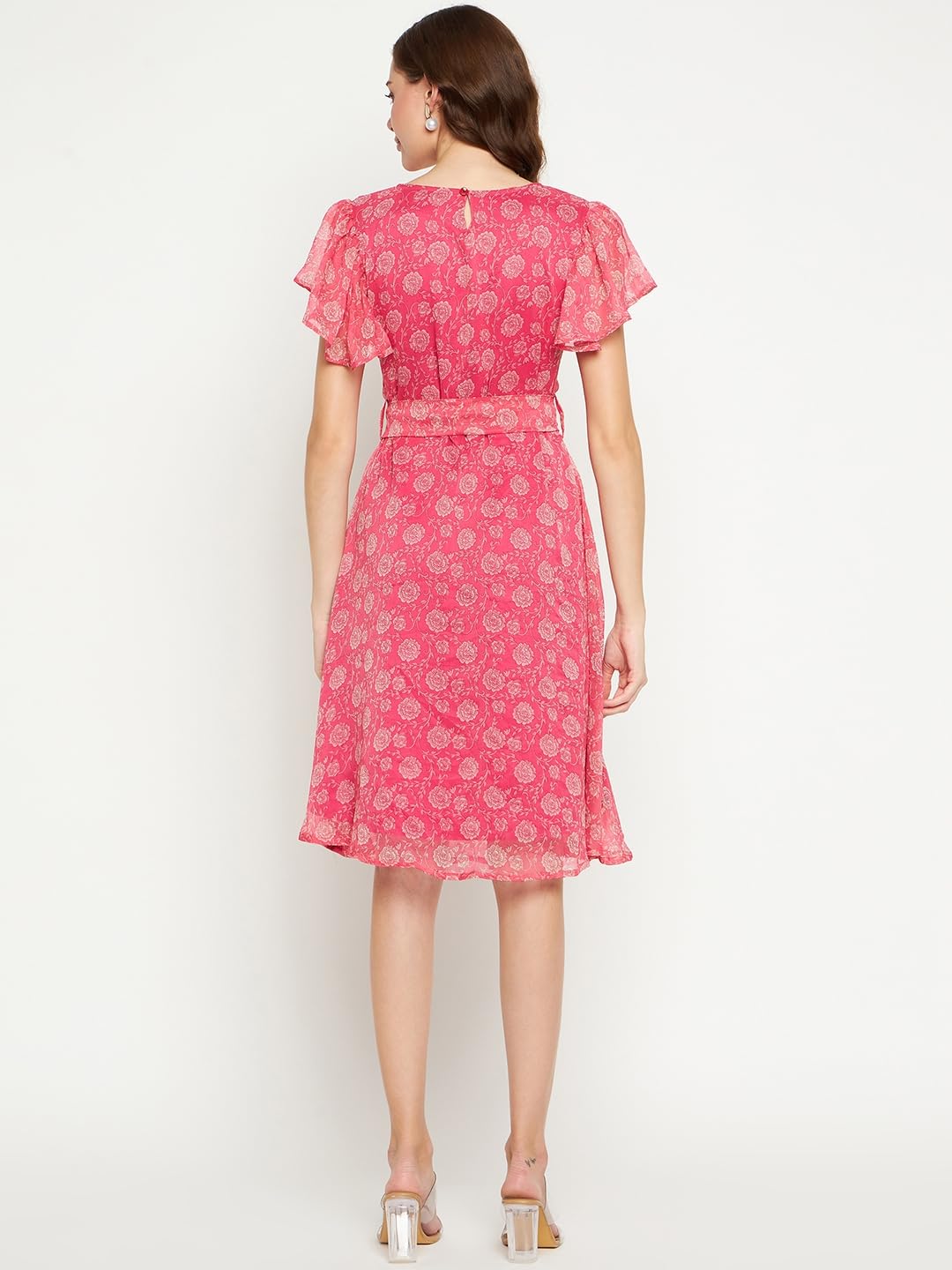 Fashfun Women's Dress Pink Printed Chiffon Waist Belt Bell Sleeve keen Length Dress-Set of 2 by Prixsa.com - Image 3