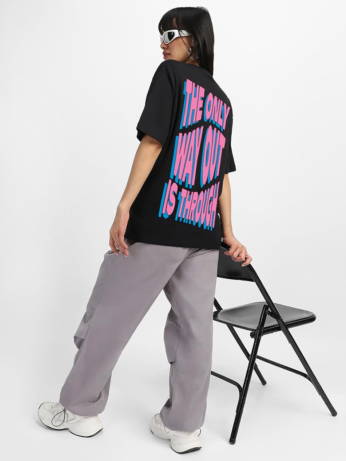 JUNEBERRY® 100% Pure Cotton Oversized Baggy Fit Front & Back The Only Way Out is Through Typographic Printed Black Round Neck T-Shirt for Women & Girls (Sizes: S to 2XL) by Prixsa.com - Image 2