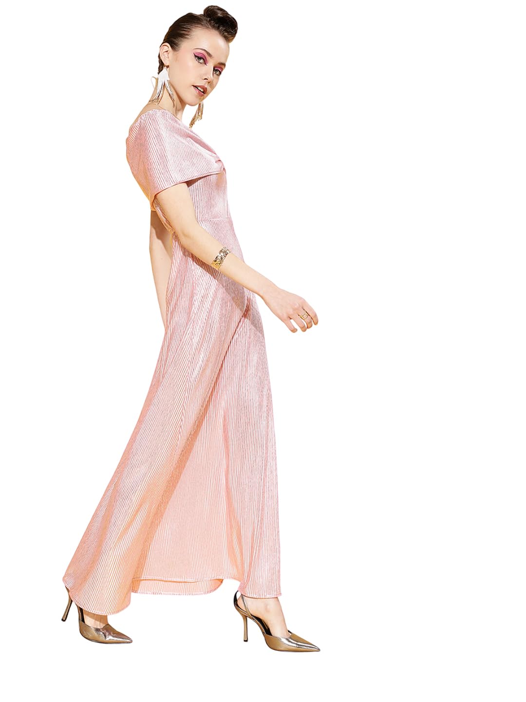 PoshBery Pink Pleated Off Shoulder Maxi Dress by Prixsa.com - Image 5