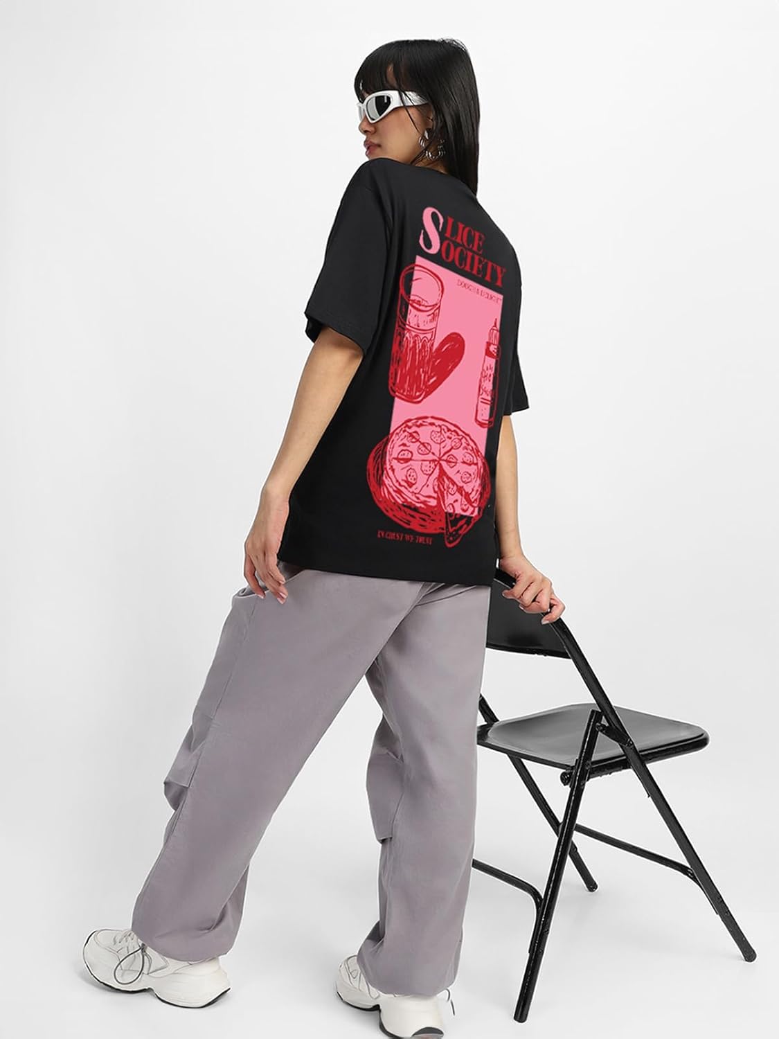 JUNEBERRY® 100% Pure Cotton Oversized Baggy Fit Front & Back Slice Society Graphic Printed Black & White Round Neck T-Shirt for Women & Girls (Sizes: S to 2XL) by Prixsa.com - Image 2