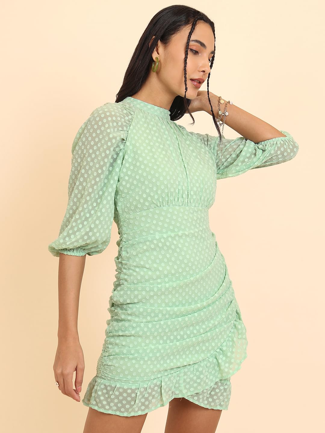 Tokyo Talkies Women's Three-Quarter Sleeves Mandarin Collar Self Design Dresses | Stylish Dresses | Casual Dresses by Prixsa.com - Image 4