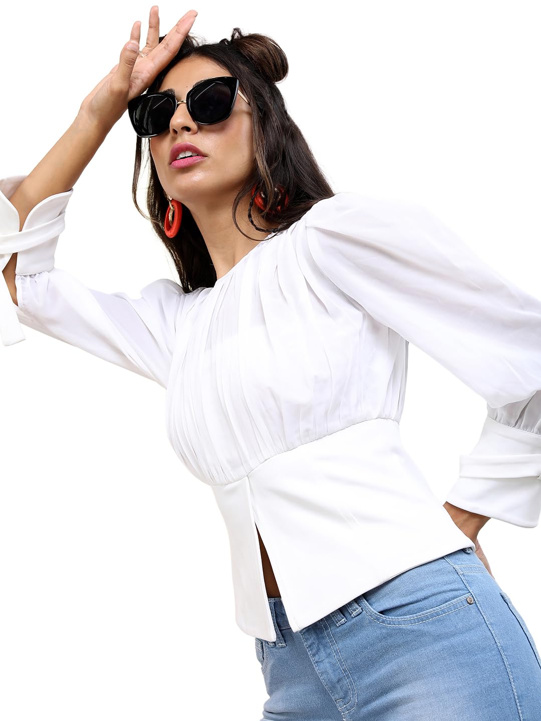 Tokyo Talkies Women's Solid Cinched Waist Crop Top | 3/4 Sleeves | Flattering & Chic | Perfect For Casual & Smart-Casual Outings | Tops For Woman | Women Tops | Women Crop Top by Prixsa.com