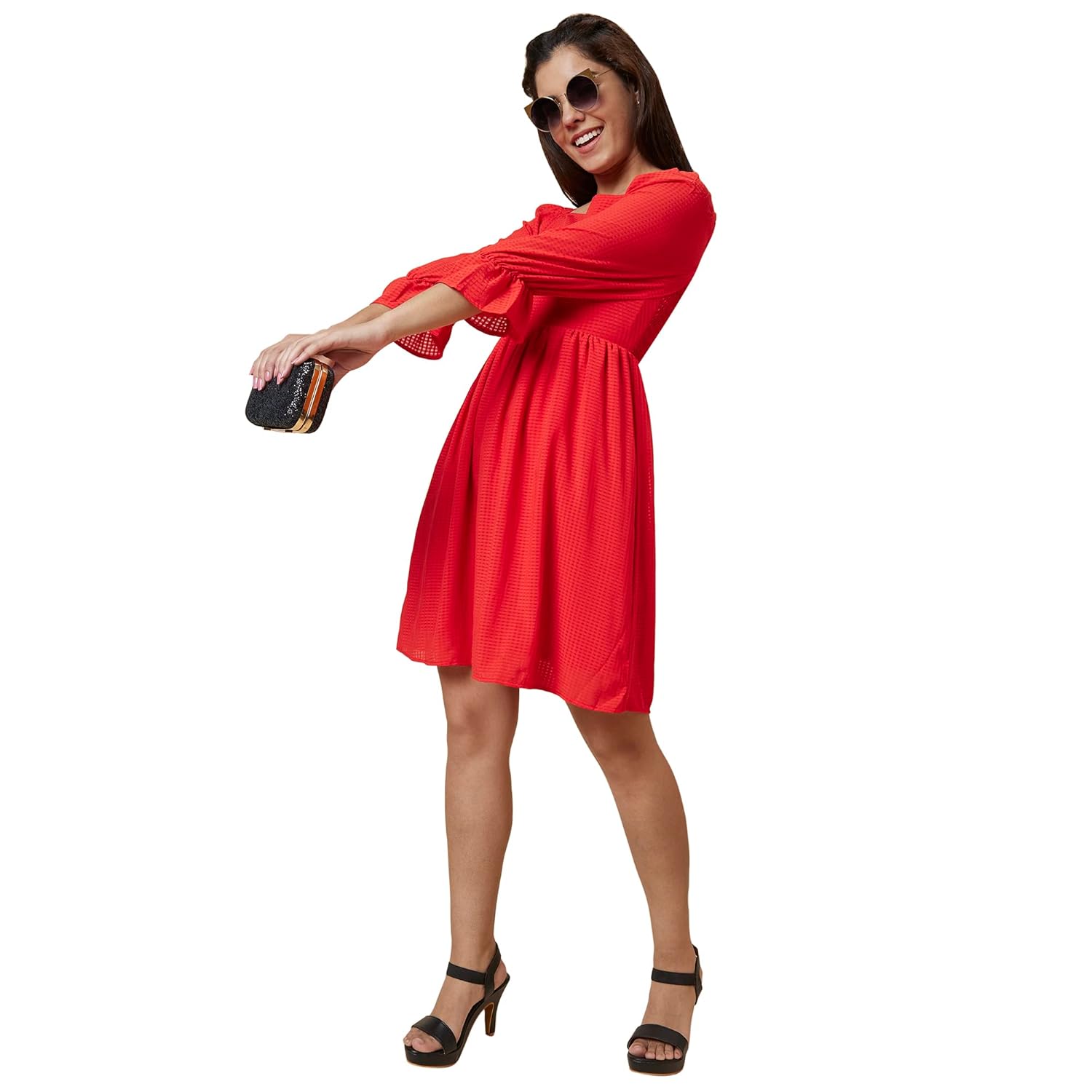Globus Women Red 3/4 Sleeve Solid Fit & Flare Knee Length Dress by Prixsa.com - Image 6
