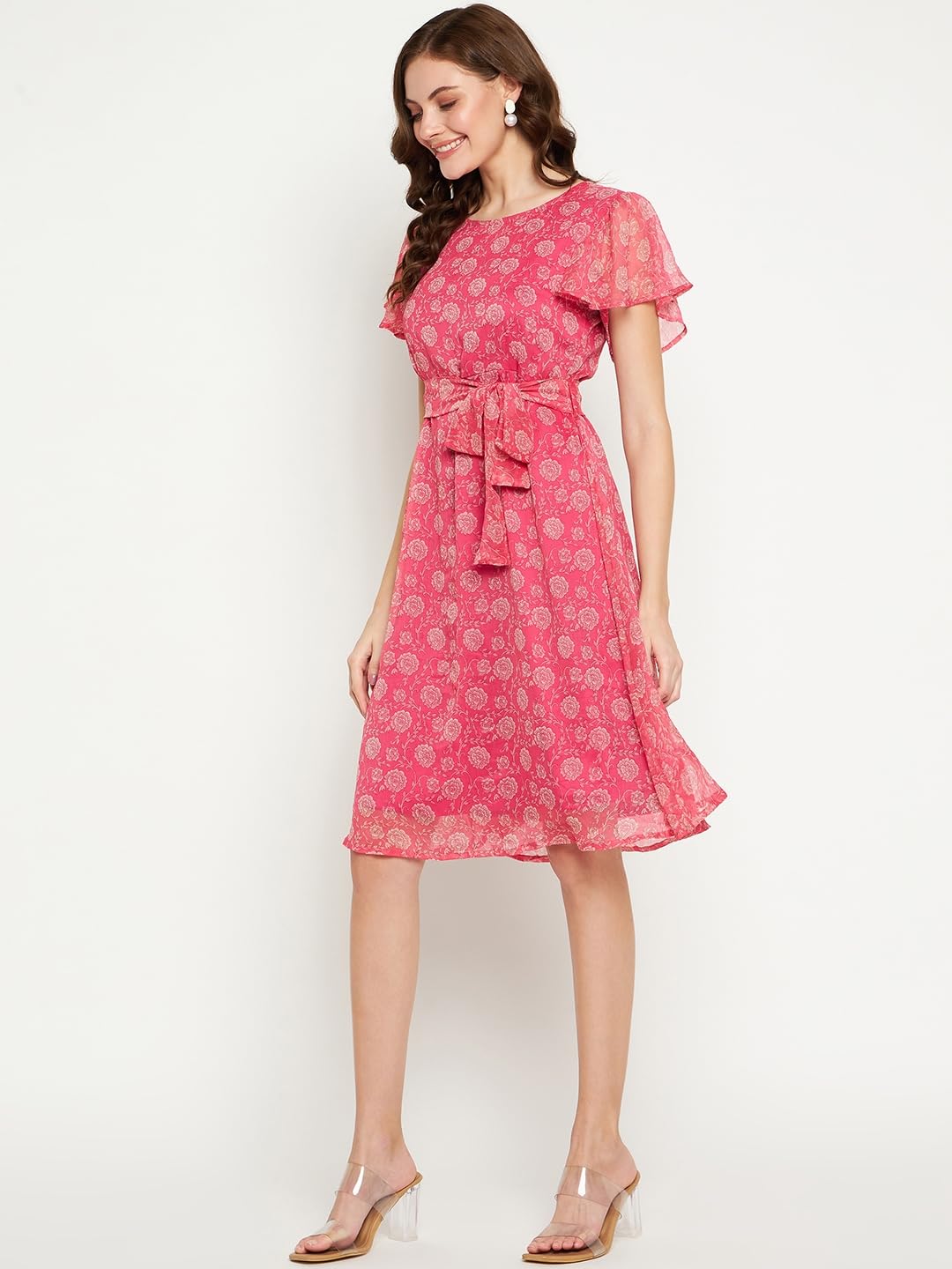 Fashfun Women's Dress Pink Printed Chiffon Waist Belt Bell Sleeve keen Length Dress-Set of 2 by Prixsa.com - Image 5